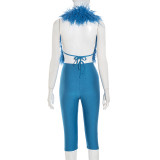 Furry Neck  Halterneck Backless Two Piece Pants Set  MXBF-D25ST247
