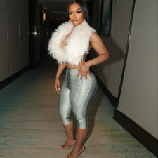 Fur Collar Backless Snake Print Seventh Pants Suit  MXBF-J25ST158