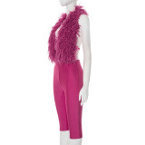 Furry Neck  Halterneck Backless Two Piece Pants Set  MXBF-D25ST247