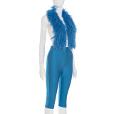 Furry Neck  Halterneck Backless Two Piece Pants Set  MXBF-D25ST247