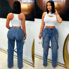 High-waisted Metal Stud Casual Jeans SH-391411