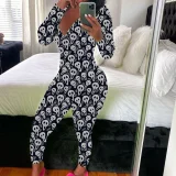 Print Deep V Neck Long Sleeve Jumpsuit SHD-9880
