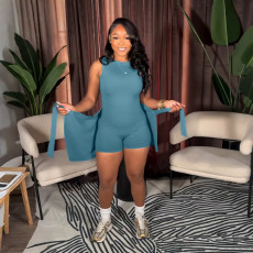 Sleeveless Solid Romper+Small Apron 2 Piece Set CYA-901957