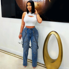 High-waisted Metal Stud Casual Jeans SH-391411
