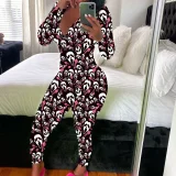 Print Deep V Neck Long Sleeve Jumpsuit SHD-9880