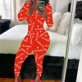 Print Deep V Neck Long Sleeve Jumpsuit SHD-9880
