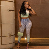 Hollow Out Print Sleeveless Vest Pants 2 Piece Set SHD-9545