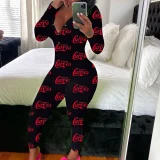 Print Deep V Neck Long Sleeve Jumpsuit SHD-9880