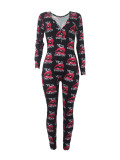 Print Deep V Neck Long Sleeve Jumpsuit SHD-9880