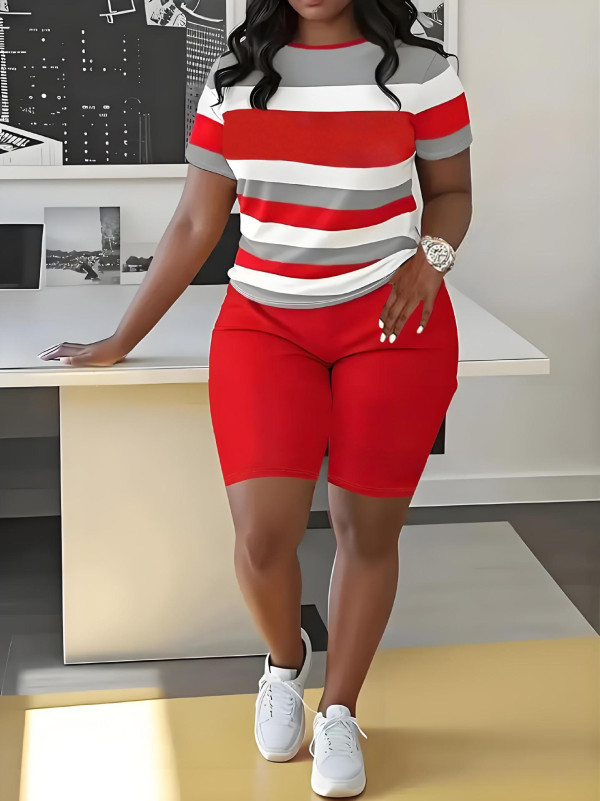 Stripe Color Block Short Sleeve Shorts Suit SHD-9700
