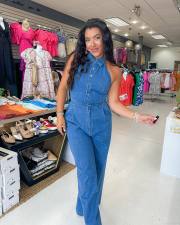 Sleeveless Lapel Denim Wide Leg Jumpsuit OSM-6010