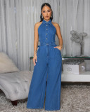 Sleeveless Lapel Denim Wide Leg Jumpsuit OSM-6010