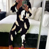 Print Deep V Neck Long Sleeve Jumpsuit SHD-9880