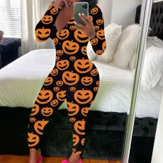 Print Deep V Neck Long Sleeve Jumpsuit SHD-9880