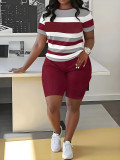 Stripe Color Block Short Sleeve Shorts Suit SHD-9700