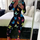 Print Deep V Neck Long Sleeve Jumpsuit SHD-9880