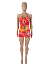 Floral Print Halterneck Hollow Out Romper SHD-9543