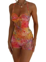 Floral Print Halterneck Hollow Out Romper SHD-9543