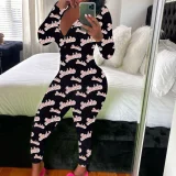 Print Deep V Neck Long Sleeve Jumpsuit SHD-9880