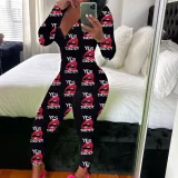 Print Deep V Neck Long Sleeve Jumpsuit SHD-9880