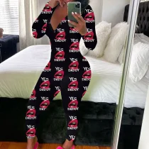 Print Deep V Neck Long Sleeve Jumpsuit SHD-9880