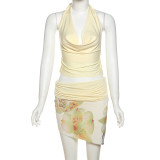 Fashion Halterneck Tie Up Tops Print Skirts 3 Piece Set XEF-K25S67407