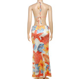 Sexy Tie Up Print Bikinis+Long Skirts 3 Piece Swimsuit XEF-K25S62606