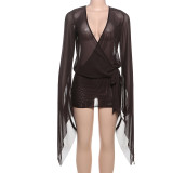 Deep V Neck Tie Up Solid Color Mini Dress XEF-K24D61286