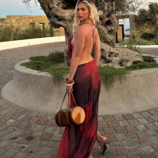 Sexy Backless Print V Neck Split Maxi Dress XEF-K24D62840