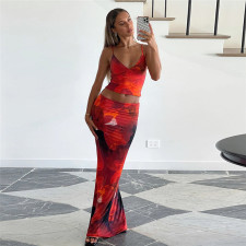 Print Sling Tops Ang Long Skirts Two Piece Set XEF-K24S44108