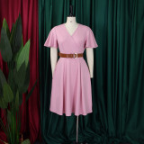 Plus Size V Neck Flare Sleeve Midi Dress GCZF-8636