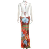 Sexy Tie Up Print Bikinis+Long Skirts 3 Piece Swimsuit XEF-K25S62606