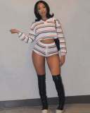Stripe Long Sleeve Tops Short 2 Piece Set YWXS-K25L645