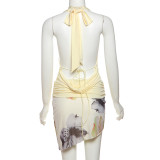 Fashion Halterneck Tie Up Tops Print Skirts 3 Piece Set XEF-K25S67407