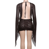 Deep V Neck Tie Up Solid Color Mini Dress XEF-K24D61286