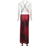 Sexy Backless Print V Neck Split Maxi Dress XEF-K24D62840