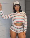 Stripe Long Sleeve Tops Short 2 Piece Set YWXS-K25L645
