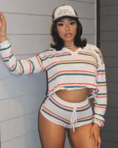 Stripe Long Sleeve Tops Short 2 Piece Set YWXS-K25L645