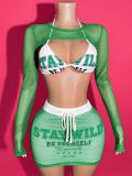 Mesh Long Sleeve Tops+Bikinis Print Three Piece Skirts Set YWXS-K25L704
