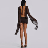 Deep V Neck Tie Up Solid Color Mini Dress XEF-K24D61286