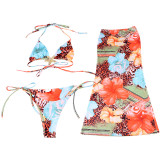 Sexy Tie Up Print Bikinis+Long Skirts 3 Piece Swimsuit XEF-K25S62606
