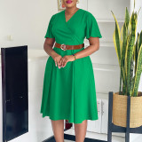 Plus Size V Neck Flare Sleeve Midi Dress GCZF-8636