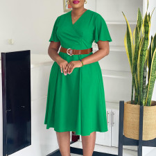 Plus Size V Neck Flare Sleeve Midi Dress GCZF-8636