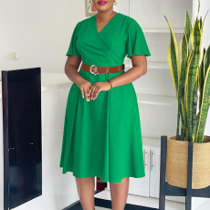 Plus Size V Neck Flare Sleeve Midi Dress GCZF-8636