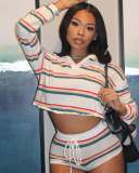Stripe Long Sleeve Tops Short 2 Piece Set YWXS-K25L645