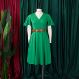 Plus Size V Neck Flare Sleeve Midi Dress GCZF-8636