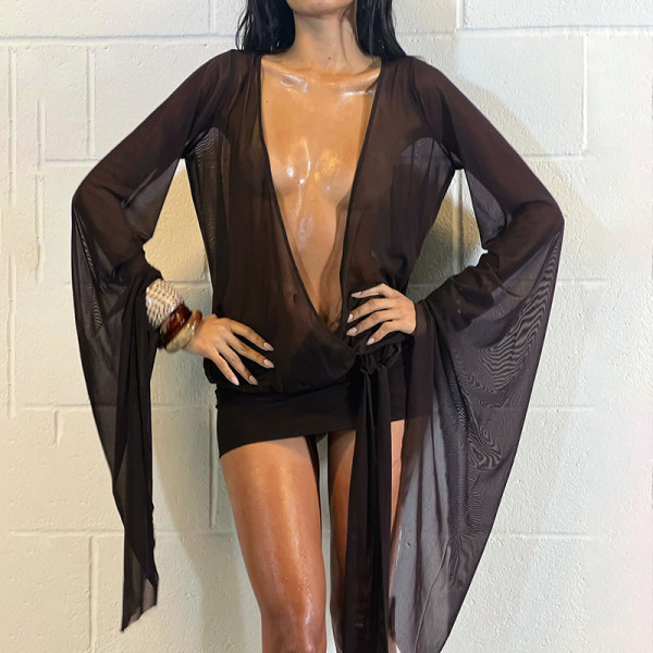 Deep V Neck Tie Up Solid Color Mini Dress XEF-K24D61286