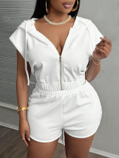 Solid Color Zipper Hooded Two Piece Shorts Set YWXS-K25L624