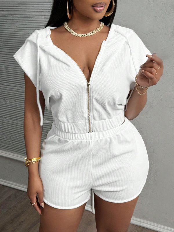 Solid Color Zipper Hooded Two Piece Shorts Set YWXS-K25L624