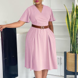 Plus Size V Neck Flare Sleeve Midi Dress GCZF-8636